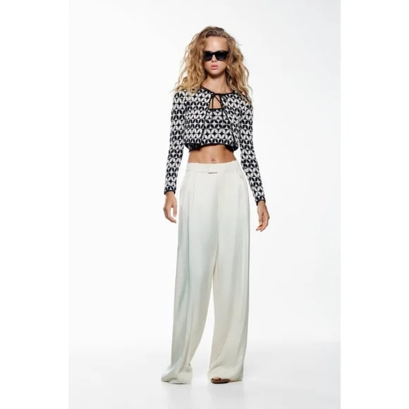 Zara Geometric Pattern Jacquard Knit Crop Top Sweater Set Size Large - Picture 2 of 5